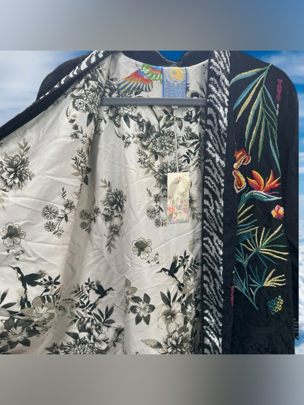 NEW Johnny Was Monica Kimono Sequin Tiger Floral Embroidery Black Jacquard Small - Picture 3 of 14